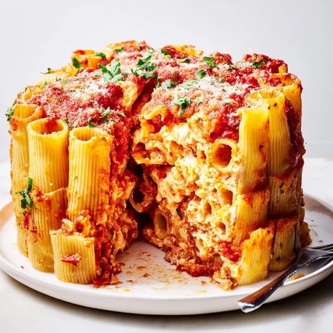 Stunning honeycomb pasta cake filled with rich tomato sauce and gooey cheese.  