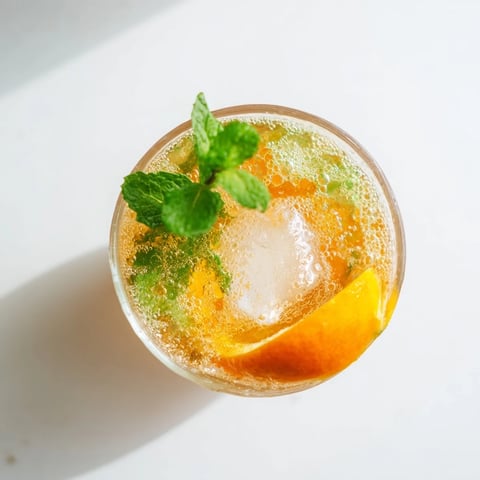 Refreshing probiotic soda mocktail garnished with vibrant orange slices and mint leaves.  