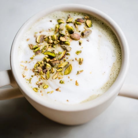 Creamy pistachio milk latte topped with crushed nuts for a delightful coffee experience.  