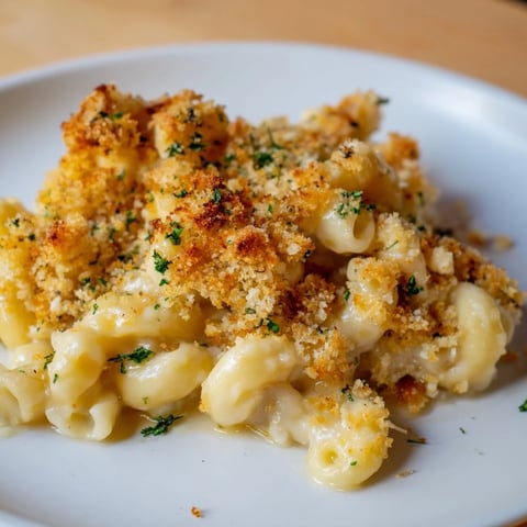 Creamy Truffle Macaroni & Cheese topped with golden breadcrumbs and aromatic herbs.  