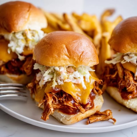 Juicy BBQ chicken sliders piled high on soft buns, served with crispy fries.  