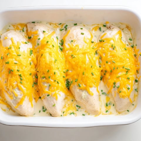Creamy Cheddar Ranch Chicken Bake topped with bubbly cheese and fresh chives.  