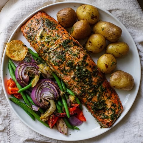 Golden-brown Lemon Herb Salmon & Potato Sheet Pan with flaky salmon and vibrant roasted vegetables looks inviting.