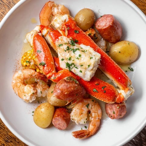 Steaming seafood boil with crab, shrimp, sausage, and corn, ready for a flavorful feast!