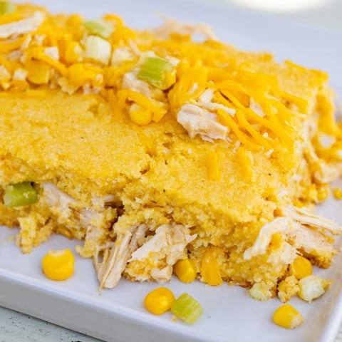 Golden Southern Cornbread Chicken Casserole with a crispy, flavorful cornbread topping baked to perfection.