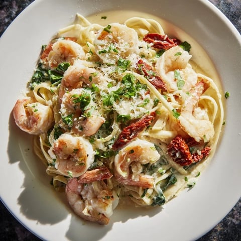 Creamy Tuscan Garlic Shrimp Pasta, a delicious Italian dinner with vibrant colors and rich flavors.
