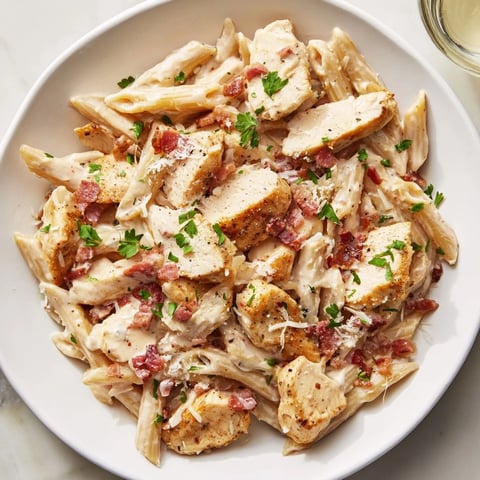 A close-up of creamy Ranch Chicken & Bacon Penne, with visible bacon and herbs garnishing.
