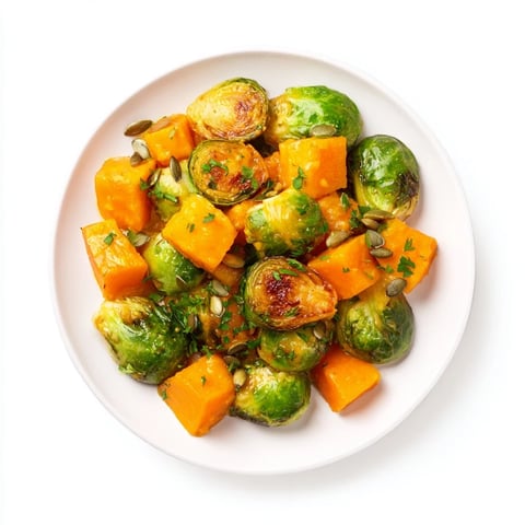 Golden, roasted Brussels sprouts and butternut squash with a bright orange dressing, ready to serve.