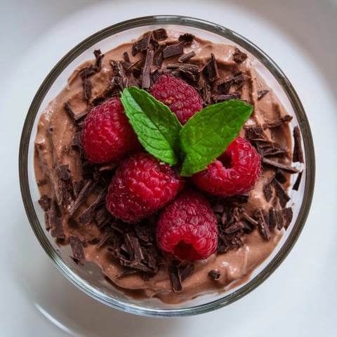 Creamy avocado chocolate mousse garnished with fresh raspberries, a delicious dessert.