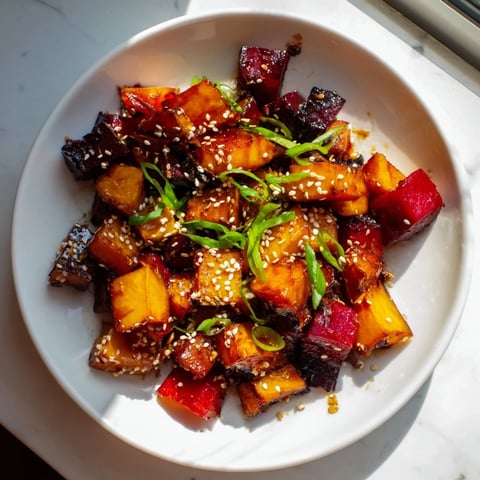 Golden-brown Miso Roasted Winter Vegetables, infused with a sweet and savory miso glaze, ready to serve..