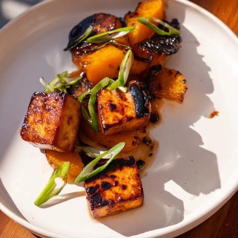 Golden, glistening pan-fried Miso-Glazed Tofu with tender winter squash, ready to savor.