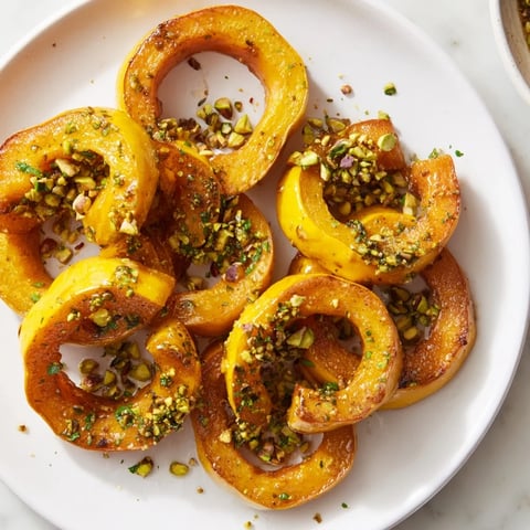 Golden baked delicata squash rings, drizzled with maple syrup and sprinkled with pistachios.