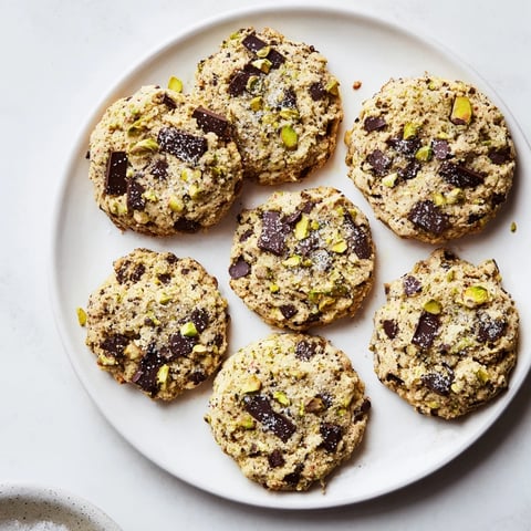 Warm, golden Salted Pistachio Chocolate Chunk Shortbread cookies, speckled with pistachios and sea salt.