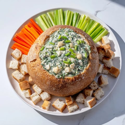 Crusty bread bowl overflowing with creamy, flavorful The Best Spinach Dip Ever, perfect appetizer.