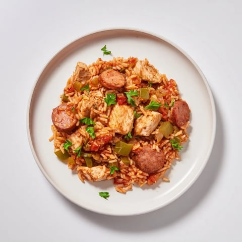 Steaming Simple Chicken and Sausage Jambalaya Bake, a taste of Louisiana with rice and colorful vegetables.