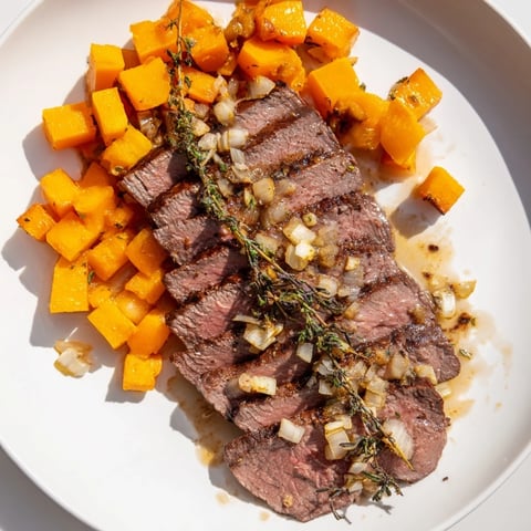Juicy sliced garlic-herb steak bowls atop sweet roasted butternut squash, a hearty, gluten-free meal.
