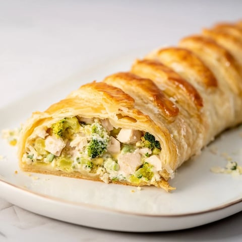 Golden, flaky Creamy Chicken and Broccoli Puff Pastry Rolls, freshly baked and ready to eat.