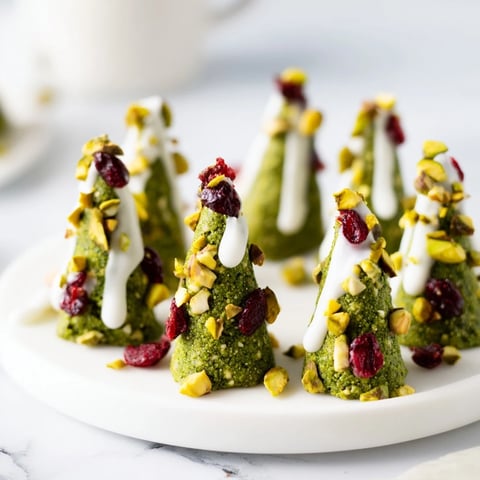 Vibrant green Matcha Pistachio Christmas Tree Energy Bites, ready-to-eat, offering healthy holiday treats with a soft texture.