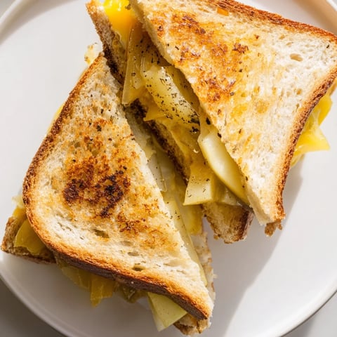 Golden-brown Caramelized Onion, Apple & Cheddar Grilled Cheese, oozing melted cheese onto the plate.