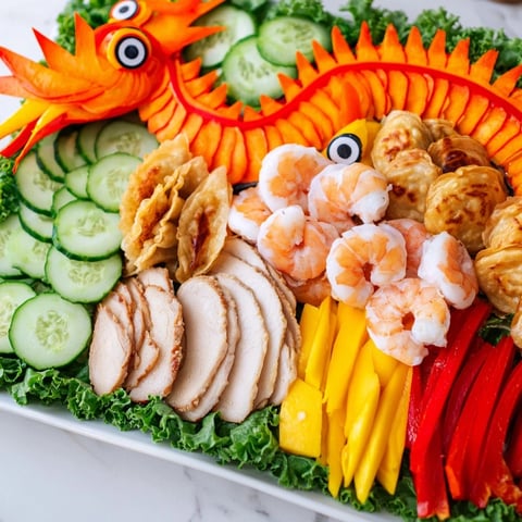 A Lunar New Year Dragon Platter featuring colorful Asian appetizers arranged playfully on a board.