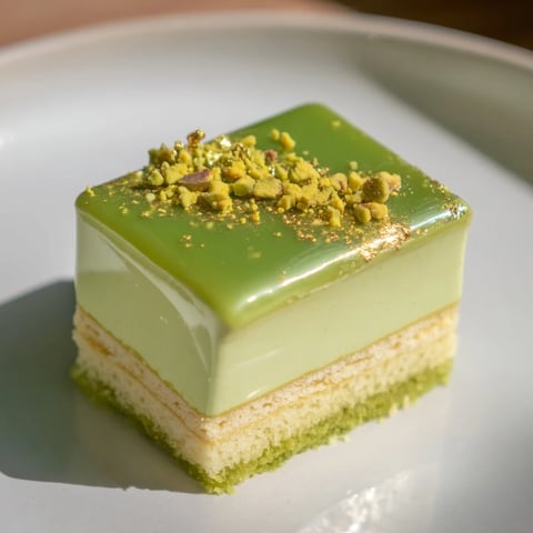 Bright, glazed Grenouille Royale Petits Fours sprinkled with pistachios, ready for a delightful bite.
