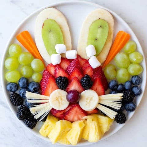 Bunny Face Fruit Salad Platter with vibrant strawberries, kiwi ears, and blueberry eyes, perfect for brunch.