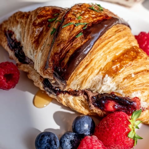 Warm and flaky croissants on a Cozy Fireplace Croissant Board with vibrant berries and cheese.