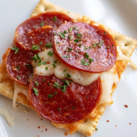 Savory Pepperoni Bites: Melted cheese tops stacked pepperoni on crispy square crackers, a delicious appetizer.