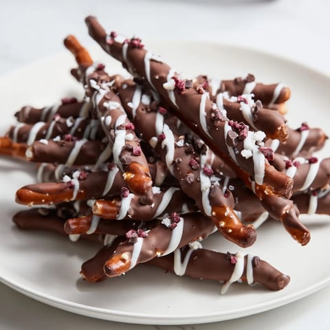Chocolate covered pretzel stick stacks are layered with white and dark chocolate, so delicious!