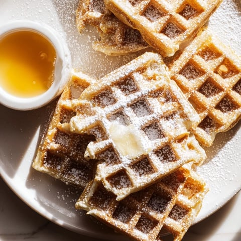Golden waffle quarters arranged around a sweet maple syrup dip bowl, ready to be enjoyed.