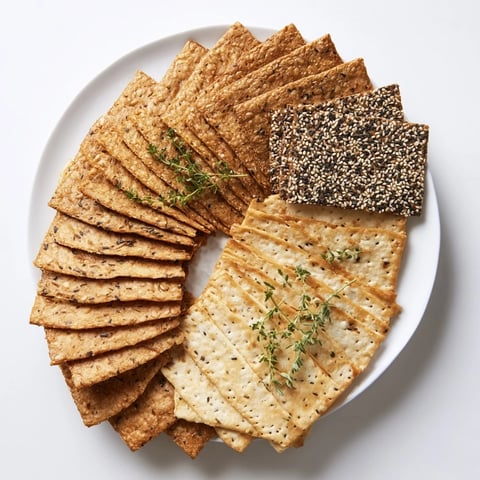 A layered fan of gourmet crackers, perfect appetizer with herbs and fruits for elegant snacking.