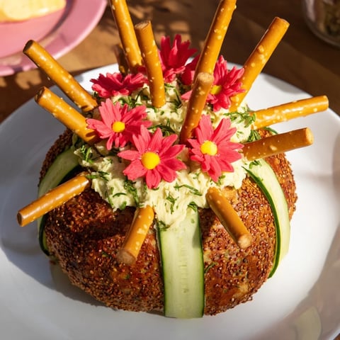 A vibrant Desert Cactus Bloom appetizer with pretzel "needles" and bright fruit leather flowers.