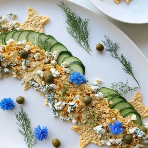 Deep Sea Ocean Wave appetizer platter arranged with blue cheese and crisp green vegetables.