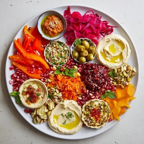 A colorful aerial view of a flavorful Moroccan Tile Mosaic appetizer platter, brimming with dips.