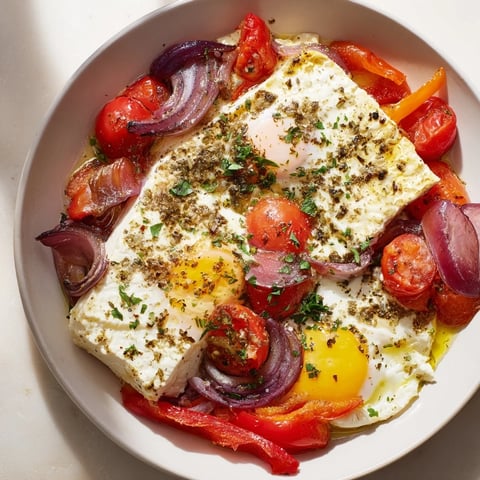 Mediterranean Baked Feta & Eggs: A close-up of a bubbling baked egg dish with vibrant tomatoes and creamy feta.