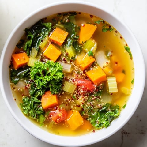 Steaming bowl of Nourishing Winter Veggie Soup, with colorful vegetables, perfect for a cold evening.