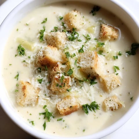 Creamy garlic bread soup swirls in a bowl, a decadent, velvety soup with bread croutons and fresh parsley.