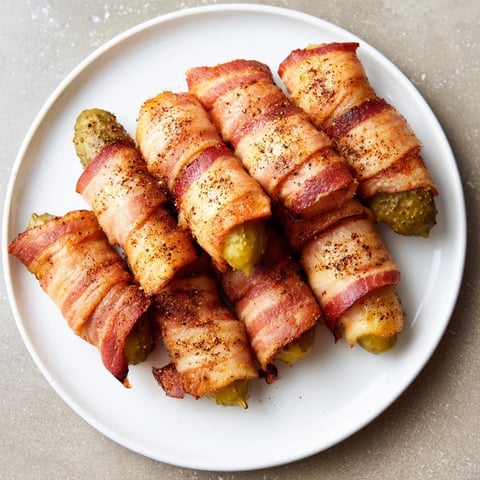 Golden brown bacon-wrapped pickles, a simple appetizer with crispy bacon and tangy dill flavor.