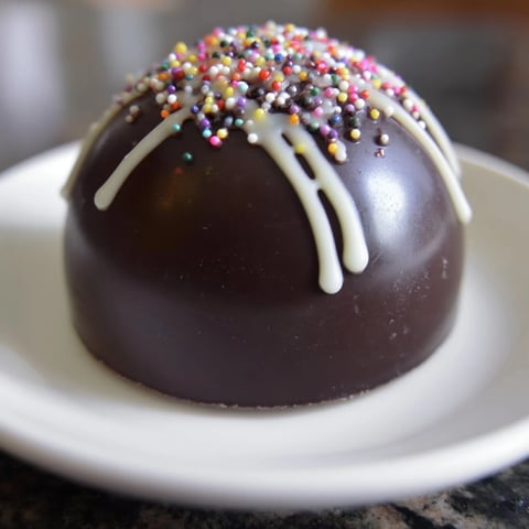 A close-up of a decadent Hot Chocolate Bomb melting in hot milk, ready to drink.