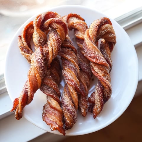 Crispy Spiced Bacon Twists glistening with caramelized sugar, a perfect party appetizer.