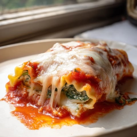 Golden-brown Chicken and Spinach Lasagna Rolls are baked in marinara sauce, with melted mozzarella and fresh parsley garnish.