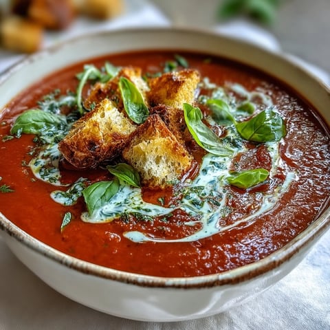 Creamy Roasted Tomato Basil Soup beautifully garnished with fresh basil and a swirl.
