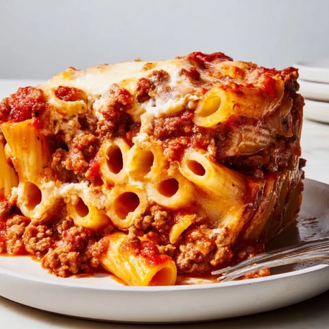 Delicious baked ziti with meat sauce topped with gooey, golden melted cheese.  