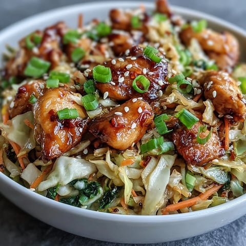 Golden brown chicken sizzles with onions, garlic, and ginger for these savory Egg Roll Bowls with Chicken and Cabbage.