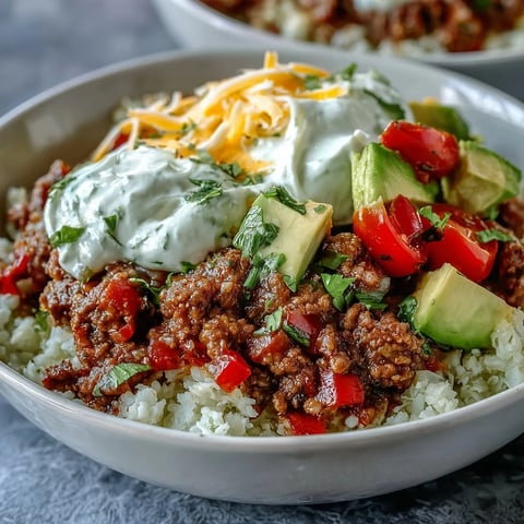 A Low Carb Burrito Bowl with seasoned ground beef, cauliflower rice, and fresh toppings on a fork.