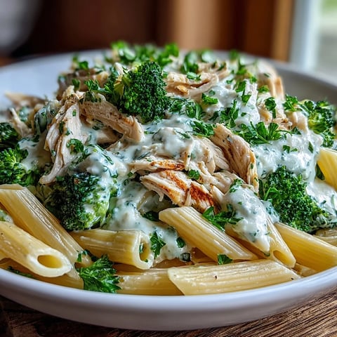 Bright green broccoli and juicy rotisserie chicken tossed in a creamy Greek yogurt sauce with whole-wheat penne.