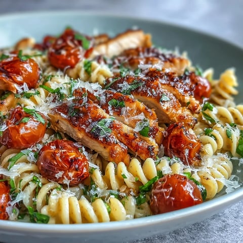 Bright cherry tomatoes soften in a skillet with golden-seared chicken and al dente penne for this Bruschetta Chicken Pasta.