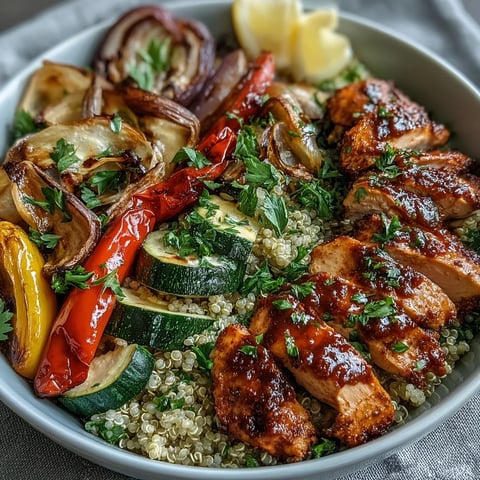 Golden seared paprika herb chicken slices rest atop fluffy quinoa with colorful roasted vegetables and a vibrant drizzle of rose harissa.