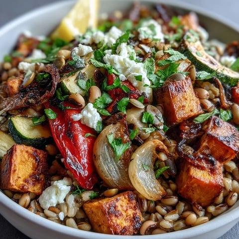 A vibrant Black-Eyed Pea Grain Bowl with roasted sweet potato, red bell pepper, and zucchini atop farro, garnished with fresh parsley and lemon wedges for a bright finish.