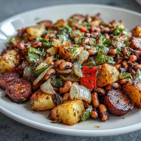 Golden roasted potatoes, black-eyed peas, and colorful bell peppers in Black-Eyed Pea Hash, served hot from the oven.